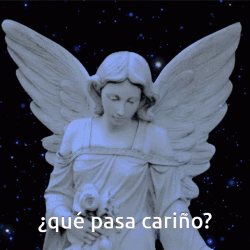 A Statue Of An Angel Holding A Rose With The Words " Qué Pasa Carino " Below Her GIF