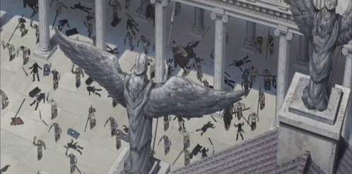 A Statue Of An Angel Is Surrounded By Soldiers GIF
