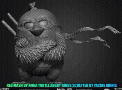 A Statue Of An Angry Bird With The Words Red Mash Up Ninja Turtle Angry Birds Sculpted By Yacine Brinis Above It GIF