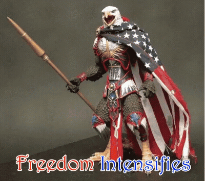 A Statue Of An Eagle With An American Flag Cape Holding A Spear With The Words Freedom Intensifies Below It GIF