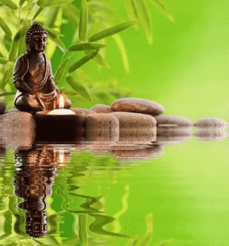 A Statue Of Buddha Is Sitting On A Rock In The Water With A Candle In His Hand . GIF