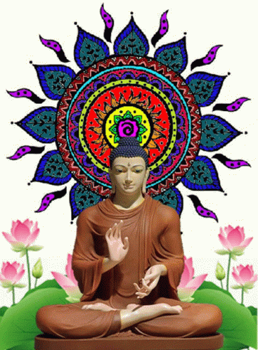 A Statue Of Buddha Sits In Front Of A Colorful Mandala And Lotus Flowers GIF