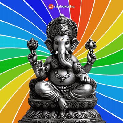 A Statue Of Ganesha Is On A Colorful Background With The Words Mahakatha On The Bottom GIF