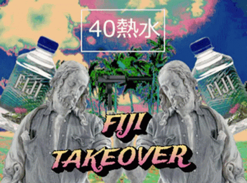 A Statue Of Jesus With Two Fiji Water Bottles Behind Him GIF