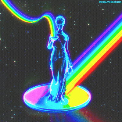 A Statue Of Justice Is Surrounded By A Rainbow And Says Dualvoidanima GIF