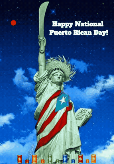 A Statue Of Liberty Holding A Machete With The Words Happy National Puerto Rican Day On The Bottom GIF