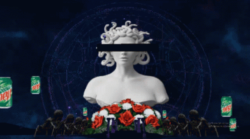 A Statue Of Medusa Is Surrounded By Sprite Mountain Dew Cans GIF