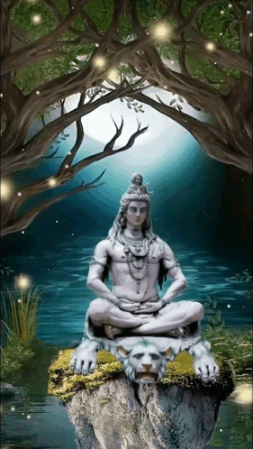A Statue Of Shiva Sits On A Rock In The Middle Of A River GIF