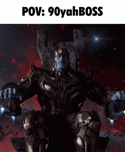 A Statue Of Thanos Sitting On A Throne With The Words Pov 90Yahboss Above Him GIF
