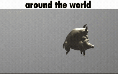 A Statue Of Two Pigs Standing Next To Each Other With The Caption Around The World GIF