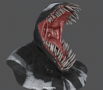 A Statue Of Venom With A Marvel Logo In The Corner GIF