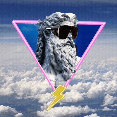 A Statue Of Zeus With Sunglasses And A Lightning Bolt In The Clouds GIF