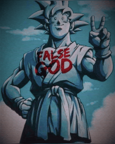 A Statue With False God Written On His Shirt GIF