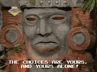 A Statue With The Words " The Choices Are Yours And Yours Alone " Above It GIF