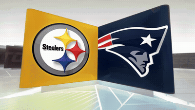 A Steelers And Patriots Logo On A Yellow And Blue Banner GIF