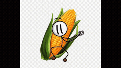 A Stick Figure Is Standing On A Corn Cob With A Face On It . GIF