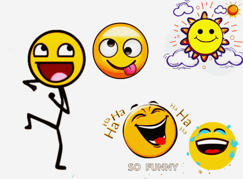 A Stick Figure Is Surrounded By A Bunch Of Smiley Faces Including One That Says " So Funny " GIF
