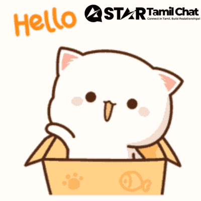 A Sticker Of A Cat In A Box With The Words Hello Star Tamil Chat Below It GIF