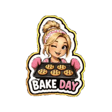 A Sticker Of A Girl Holding A Tray Of Cookies With The Words Bake Day On It Sticker
