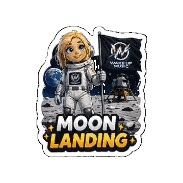 A Sticker Of A Girl In A Space Suit Holding A Flag That Says " Moon Landing " Sticker