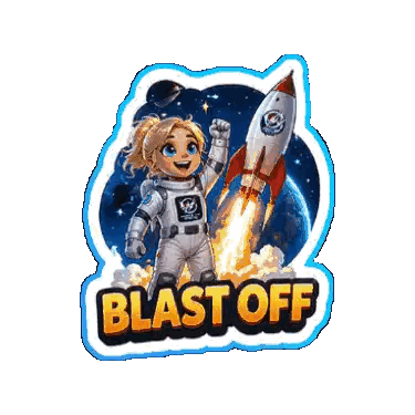A Sticker Of A Girl In A Space Suit Holding A Rocket And The Words Blast Off Sticker