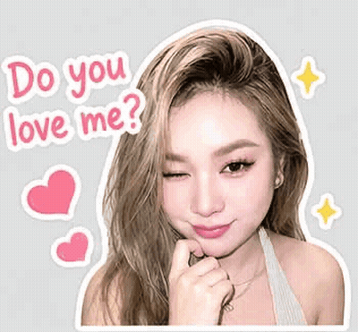 a sticker of a woman asking if she loves me .