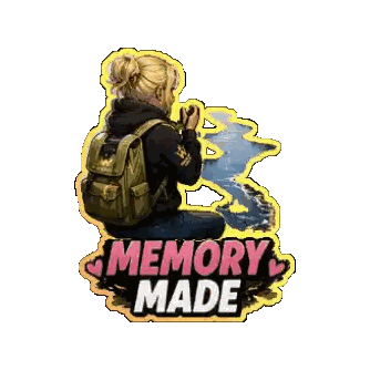 A Sticker Of A Woman Taking A Picture With The Words Memory Made Below Her Sticker
