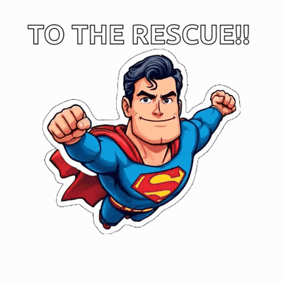 A Sticker Of Superman Flying With The Words To The Rescue Written Below Him GIF