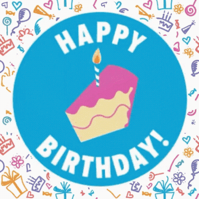 A Sticker That Says Happy Birthday With A Slice Of Cake GIF
