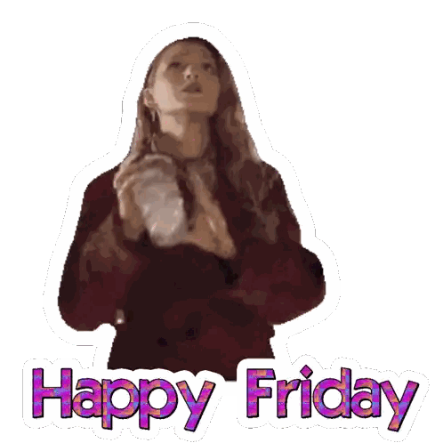 A Sticker That Says Happy Friday With A Woman Holding A Drink Sticker