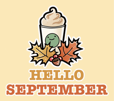 A Sticker That Says Hello September With A Cup Of Coffee And Leaves GIF