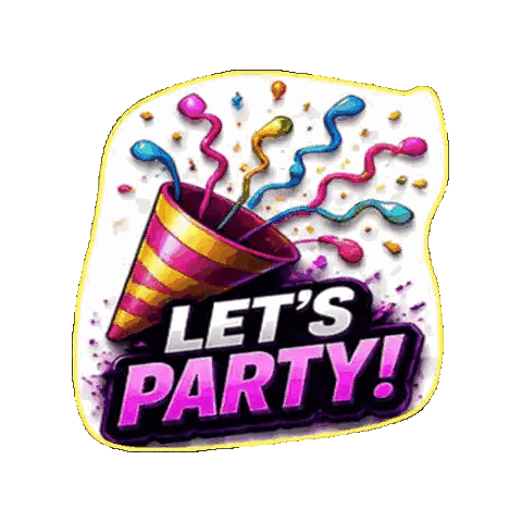 A Sticker That Says Let 'S Party With A Party Hat And Confetti Sticker