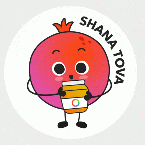 A Sticker That Says Shana Tova With A Pomegranate Holding A Jar GIF