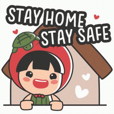 A Sticker That Says Stay Home Stay Safe With A Girl In An Apple Hat GIF