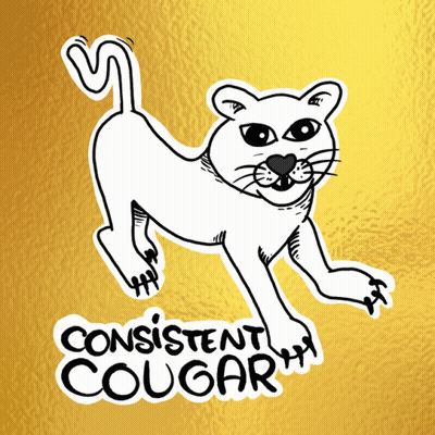 A Sticker With A Drawing Of A Cougar And The Words " Consistent Cougar " GIF