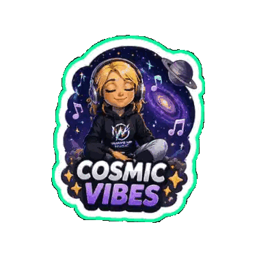 A Sticker With A Girl Wearing Headphones And The Words Cosmic Vibes Sticker