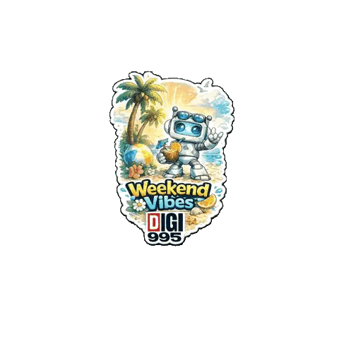 A Sticker With A Robot On The Beach That Says Weekend Vibes Sticker