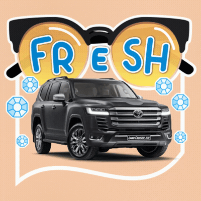A Sticker With A Toyota Land Cruiser 350 And The Words Fresh GIF