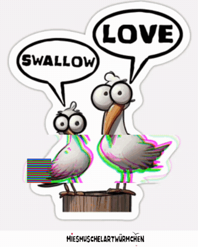 A Sticker With Two Birds Talking About Love And Swallow GIF