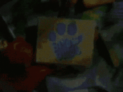 A Sticky Note With A Paw Print And The Words Blue 'S Clues Written On It GIF