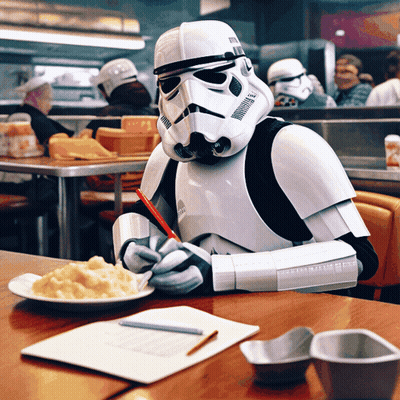 A Storm Trooper Is Sitting At A Table With A Plate Of Macaroni And Cheese GIF