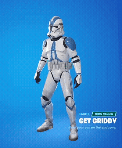 A Storm Trooper Is Standing On A Blue Background With The Text Get Griddy GIF