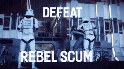 A Storm Trooper With The Words Defeat Rebel Scum GIF