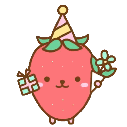 A Strawberry Wearing A Party Hat And Holding A Gift Sticker