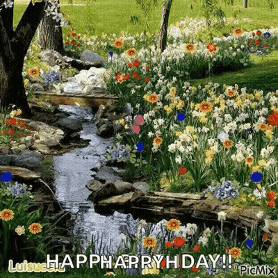 A Stream Runs Through A Garden Filled With Lots Of Flowers And Trees . GIF