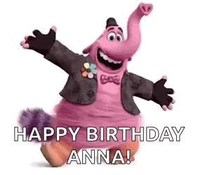 A Stuffed Animal From Inside Out Is Holding Out His Arms And Saying `` Happy Birthday Anna '' . GIF
