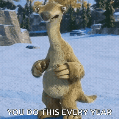 A Stuffed Animal From The Movie Ice Age Is Standing In The Snow And Says You Do This Every Year GIF