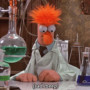 A Stuffed Animal In A Lab Coat Is Sitting At A Table And Says " Sad Mep " GIF