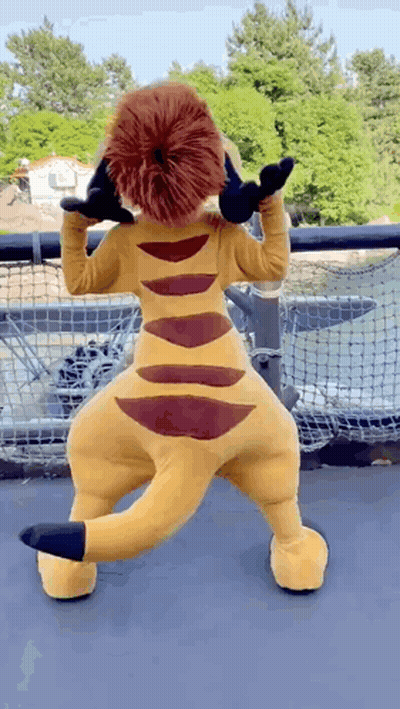 A Stuffed Animal In A Lion Costume Is Standing In Front Of A Net GIF