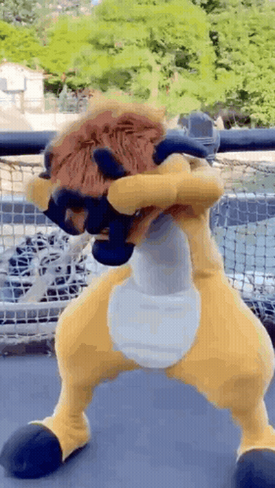 A Stuffed Animal In A Lion Costume Is Standing On A Balcony . GIF